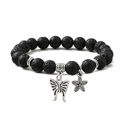 Lava Rock Natural Lava Rock Round Beaded Stretch Bracelets, with Tibetan Style Alloy Butterfly Charms, Inner Diameter: 2 inch(5~5.1cm)