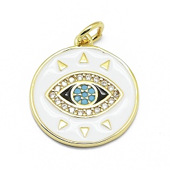 White Brass Micro Pave Clear Cubic Zirconia Pendants, Real 18K Gold Plated, Long-Lasting Plated, with Enamel and Jump Rings, Flat Round with Eye, White, 19x17x1mm, Hole: 3mm, Jump rings: 5x0.7mm.