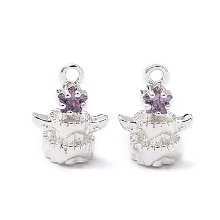 Фиолетовый Подвески в виде звезд из кубического циркония с инкрустацией из латуни, 925 серебро покрытием, фиолетовые, 14x10.5x7 мм, отверстие : 1.6 мм