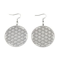 Stainless Steel Color 201 Stainless Steel Dangle Earrings, Flower of Life, Stainless Steel Color, 63mm, Pin: 0.6mm