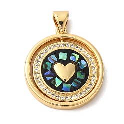 Черный Плоские круглые подвески с сердцем из латуни с микропаве и фианитами, с эмалью и ракушкой, долговечный, без свинца и без кадмия, реальный 18 k позолоченный, чёрные, 23x20x3 мм, отверстие : 5x4 мм