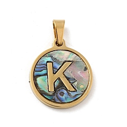 Letter K Vacuum Plating 304 Stainless Steel with Paua Shell Pendants, Golden, Flat Round with Letter Charm, Letter.K, 18x16x1.5mm, Hole: 3x6mm