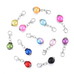 Mixed Color Alloy Pendant Decoration, with CCB Imitation Pearl Round Beads, Lobster Clasp Charms, Clip-on Charms, for Keychain, Purse, Backpack Ornament, Stitch Marker, Mixed Color, 3.1cm, 1pc/color, 12 colors, 12pcs/bag