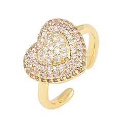 Pink Heart Brass Micro Pave Cubic Zirconia Cuff Open Rings for Women, Cadmium Free & Lead Free, Rack Plating, Real 18K Gold Plated, Pink, 18mm