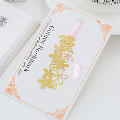 Flower Metal Sakura Bookmarks with Pink Ribbon, Golden Brass Hollow Bookmark Gift for Book Lovers, Teachers, Reader, Flower, 110x60mm