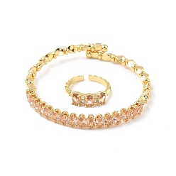 Легкий Лосось Овальные латунные браслеты-манжеты и кольца с микропаве из кубического циркония для женщин, стойки покрытие, реальный 18 k позолоченный, светлый померанцевый, браслет: 7ширина мм, внутренний диаметр: 59.5x55 мм