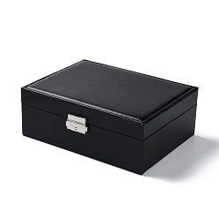 Black PU Imitation Leather Jewelry Organizer Box with Lock, Double Stackable Jewelry Case for Earrings, Ring, and Necklace, Rectangle, Black, 23x17.5x8.9cm