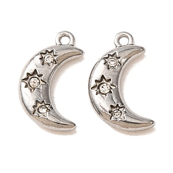 Crystal 304 Stainless Steel with Rhinestone Pendants, Moon Charms, Stainless Steel Color, Crystal, 16x9x3mm, Hole: 1.2mm