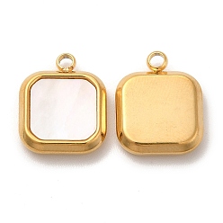 Seashell Color Vacuum Plating 304 Stainless Steel Square Charms, with Shell, Golden, Seashell Color, 15x12x3mm, Hole: 1.8mm