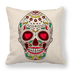 Heart Flax Pillow Covers, Bohemian Style Sugar Skull Pattern Cushion Cover, for Couch Sofa Bed, Square, Heart Pattern, 450x450mm