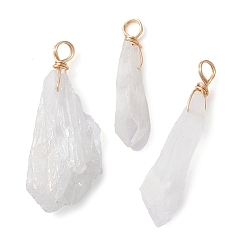 White Electroplated Natural Quartz Crystal Dyed Pendants, Teardrop Charms with Golden Plated Copper Wire Loops, White, 34~37x6~10.5x6~9.5mm, Hole: 3.5mm
