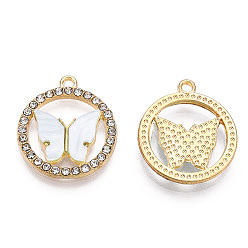 White Alloy Pendants, with Crystal Rhinestone and Acrylic, Ring with Butterfly Charm, Light Gold, Cadmium Free & Nickel Free & Lead Free, White, 18.5x16x2~3mm, Hole: 1.2mm
