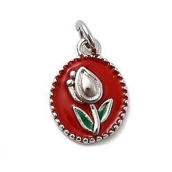 Красный Латунь эмаль прелести, овальные с цветком, стойки покрытие, долговечный, без кадмия и без свинца, платина, с целью перехода в кольце, красные, 11.5x8.5x2 мм, отверстие : 3.4 мм