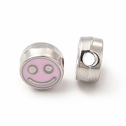 Pearl Pink Rack Plating Alloy Enamel Beads, Cadmium Free & Nickel Free & Lead Free, Flat Round with Smiling Face Pattern, Platinum, Pearl Pink, 7.5x4mm, Hole: 2mm
