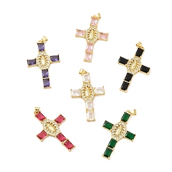 Mixed Color Rack Plating Brass Pendants, with Glass Cubic Zirconia, Religion Cross with Virgin Mary Charm, Cadmium Free & Lead Free, Long-Lasting Plated, Real 18K Gold Plated, Mixed Color, 43x27x4mm, Hole: 5x3mm