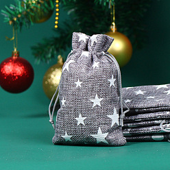 Dark Gray Christmas Theme Linenette Drawstring Bags, Rectangle with Star Pattern, Dark Gray, 18x13cm