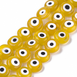 Goldenrod Handmade Evil Eye Lampwork Beads Strands, Flat Round, Goldenrod, 9.5x3.5mm, Hole: 1.2mm, about 38pcs/strand, 14.1 inch~14.5 inch