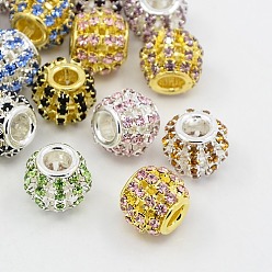Mixed Color Brass Rhinestone European Beads, Large Hole Beads, Rondelle, Mixed Color, 12x10mm, Hole: 4mm