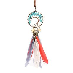 Synthetic Turquoise Copper Wire Wrapped Synthetic Turquoise Chip Pendant Decorations, with Brass Star Charm and Feather for Car Hanging Decorations, Flat Round with Tree of Life, 130x50mm
