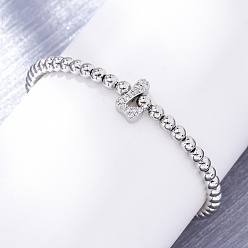 Letter L Латунные круглые бусины эластичные браслеты, Подвеска в виде буквы из латуни с микропаве из прозрачного кубического циркония для женщин, без свинца и без кадмия, стойки покрытие, платина, Письмо L, внутренний диаметр: 2~2-1/8 дюйм (5~5.5 см)