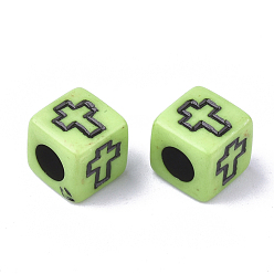 Light Green Acrylic Beads, Cube with Cross, Light Green, 6x6x6mm, Hole: 3mm, about 30000pcs/5000g