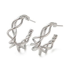 Real Platinum Plated Brass Wire Twist Stud Earrings, Half Hoop Earrings, Real Platinum Plated, 28.5x7mm