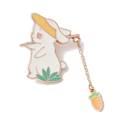 Blanco Conejo con alfileres de esmalte colgantes de zanahoria, Broche de aleación en tono dorado claro para ropa de mochila., blanco, 53x31.5x1.5 mm