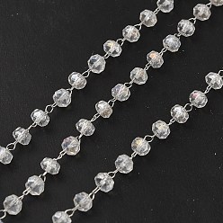 Stainless Steel Color Glass Rondelle Beaded Chains, with 304 Stainless Steel Findings, Soldered, with Spool, Stainless Steel Color, 2x1.5x0.2mm, 4x2mm