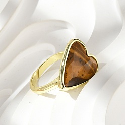 Tiger Eye Heart Brass Natural Tiger Eye Finger Rings, Long-Lasting Plated, 20x18mm, Inner Diameter: 18mm