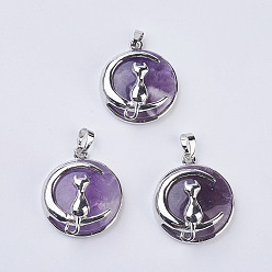 Amethyst Natural Amethyst Kitten Pendants, with Brass Findings, Flat Round with Cat & Crescent Moon Shape, Platinum, 32x27.5x10mm, Hole: 5x7mm