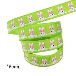 Lawn Green Easter Theme Polyester Grosgrain Ribbons, Printed Rabbit Pattern, Lawn Green, 5/8 inch(16mm), 10 yards/roll