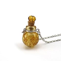 Goldenrod Luminous Round Lampwork Perfume Bottle Necklaces, with Titanium Steel Chains, Goldenrod, 23.62 inch(60cm), Pendant: 18mm, Capacity: 0.5ml(0.02fl. oz)