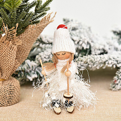 White Cloth & Wood Ski Doll Pendant Decorations, for Christmas Tree Hanging Ornaments, White, 100x50x60mm
