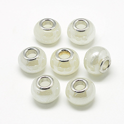Creamy White Handmade Lampwork European Beads, with Brass Double Cores, Large Hole Beads, Rondelle, Platinum, Creamy White, 13~14x10~11mm, Hole: 5mm