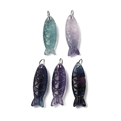 Флюорит Резные подвески из натуральных кристаллов кварца, хрустальные рыбки-талисманы, с 304 кольцами из нержавеющей стали, цвет нержавеющей стали, 33.5~34.5x10.5x7~7.5 мм, отверстие : 7 мм