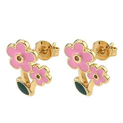 Pink Женские серьги-гвоздики из латуни с микропаве и оранжевыми кубическими циркониями, цветок с листа, с эмалью, стойки покрытие, долговечный, без кадмия и без свинца, реальный 18 k позолоченный, розовые, 13.5x9 мм