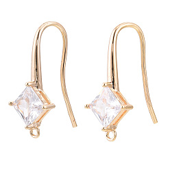 Real 18K Gold Plated Brass Earring Hook, Ear Wire, with Vertical Loop, Cubic Zirconia, Clear, Nickel Free, Real 18K Gold Plated, 24x9mm, Hole: 1.2mm, 18 Gauge, Pin: 1mm