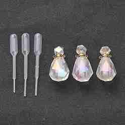 AB Color Plated Angel Aura Quartz, Faceted, Electroplated Natural Quartz Crystal Perfume Bottle Pendants, with Golden Tone Stainless Steel Findings and Plastic Dropper, AB Color Plated, 35.5mm, Hole: 1.8mm