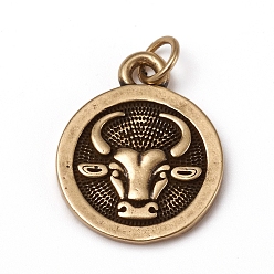 Taurus Brass Pendants, with Jump Rings, Long-Lasting Plated, Flat Round with 12 Constellation/Zodiac Sign, Antique Bronze, Taurus, 18.5x15x2mm, Jump Ring: 5x0.7mm, Inner Diameter: 3.6mm