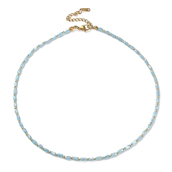 Light Sky Blue Oval Glass & 201 Stainless Steel Beaded Necklace, Light Sky Blue, 16.02 inch(40.7cm)