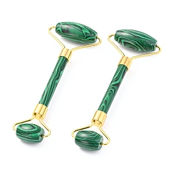 Malachite Synthetic Malachite Brass Face Massager, Facial Rollers, Golden, 142~150x54~58x19~22mm