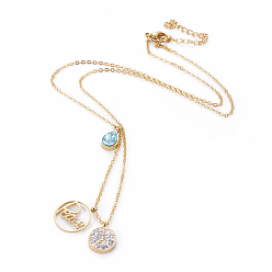 Golden 304 Stainless Steel Pendant Necklaces, with Polymer Clay Rhinestone, Flat Round with Drop, Golden, 18.1 inch(46cm), Flat Round: 18x15x1mm and 14x11x2.5mm, Teardrop: 11.5x7x4mm