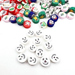 Snowman Christmas Themed Handmade Polymer Clay Beads, Flat Round, Snowman, 10x5mm, 100pcs/bag