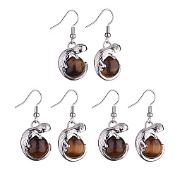 Tiger Eye Natural Tiger Eye Chameleon Dangle Earrings with Crystal Rhinestone, Platinum Brass Jewelry for Women, 39mm, Pin: 0.7mm