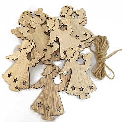 Angel & Fairy Unfinished Wood Pendant Decorations, with Hemp Rope, for Christmas Ornaments, Angel & Fairy, 7.4x5.6cm, 10pcs/bag