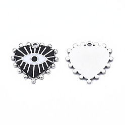 Black 304 Stainless Steel Pendants, with Enamel, Heart with Eye, Stainless Steel Color, Black, 19.5x20x1.5mm, Hole: 1.2mm