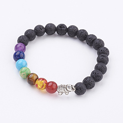 Lava Rock Natural Lava Rock Stretch Bracelets, Chakra Bracelets, with Alloy Findings and Gemstone Beads, Antique Silver, Round and Elephant, 2-1/8 inch(55mm)