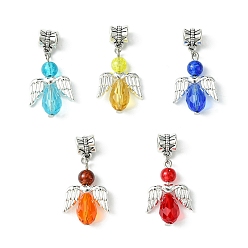 Mixed Color Glass European Dangle Charms, Large Hole Angel Pendants with Silver Color Plated Wings, Mixed Color, 35mm, Angel: 25.5x18.5x8mm, Hole: 5mm