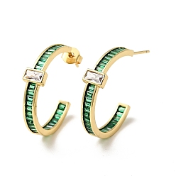 Green Cubic Zirconia Rectangle Stud Earrings, Real 18K Gold Plated Brass Half Hoop Earrings for Women, Green, 25x3.5mm, Pin: 0.8mm