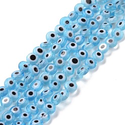 Light Sky Blue Handmade Lampwork Beads, Flat Round with Evil Eye, Light Sky Blue, 4.5x2.5mm, Hole: 0.6mm, about 90~100pcs/strand, 15.35''~15.75''(39~40cm)